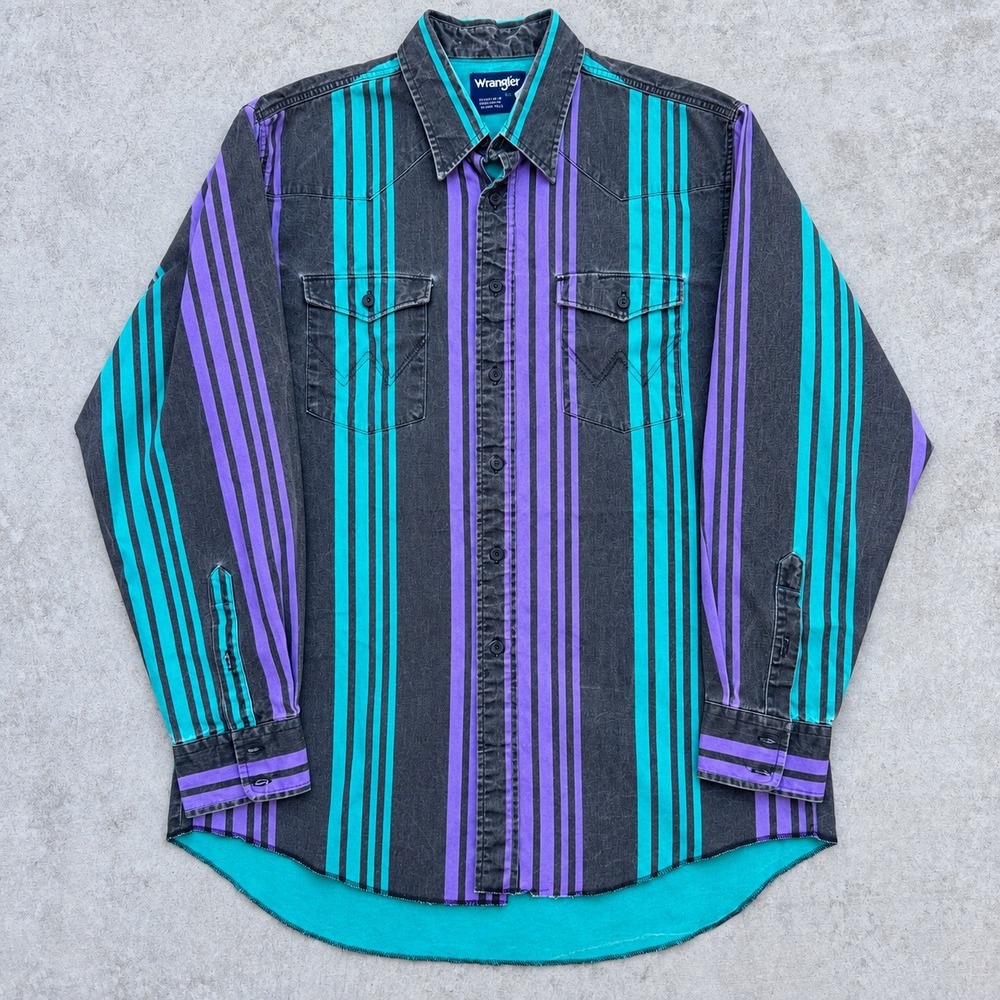 Wrangler Brushpopper Western Shirt 16.5-34 Black Purple Teal Striped Long Tail
